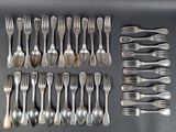 many forks and spoons laid out on a table