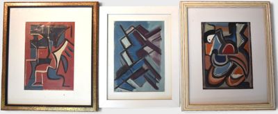 three framed paintings of different shapes and sizes on a white wall