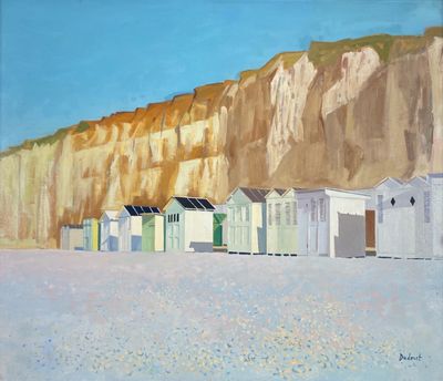 tableau représentant une rangée de cabines de plage devant une falaise