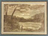 dessin représentant un paysage avec une rivière et un bateau au premier plan