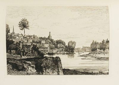 dessin représentant une vue d'une ville avec une rivière au premier plan