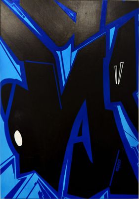 a painting of a black and blue graffiti with the letter n on it