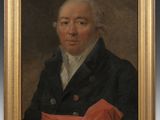 a painting of a man in a blue jacket and red shirt