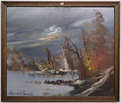 une peinture à l'huile représentant un paysage avec une rivière et des arbres au premier plan