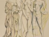 drawing of three women standing next to each other in a line