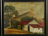 an oil painting of a white house with a red roof and a mountain in the background