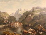 un tableau représentant un paysage de montagne avec un village en arrière-plan