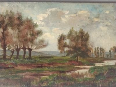 painting of a landscape with trees and a river in the foreground
