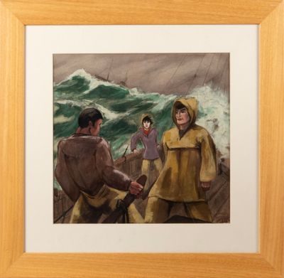 an image of a painting of a man and a woman on a boat