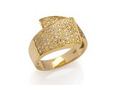 a yellow gold ring with white diamonds on a white background