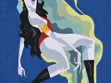 a painting of a woman in a bikini sitting on top of a table