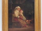 un vieux tableau représentant une femme et un enfant assis sur un banc