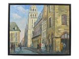 painting of a street scene with people walking down the street