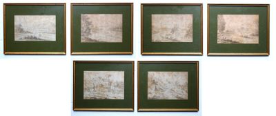 six framed pictures of a cityscape in a green frame