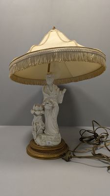 une lampe posée sur une table et munie d'un abat-jour
