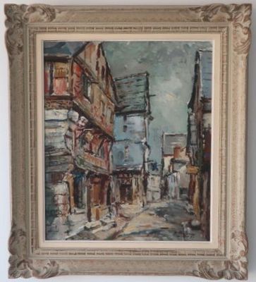 une peinture à l'huile représentant une scène de rue avec des bâtiments et des personnages