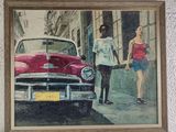 painting of a man and a woman walking past a red car