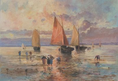 many boats that are out on the water at sunset