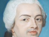 painting of a portrait of a man with white hair and a blue background