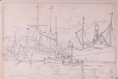croquis de bateaux dans un port avec un phare en arrière-plan