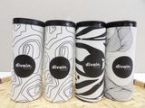 three different types of divinin coffee cups sitting on a bamboo mat