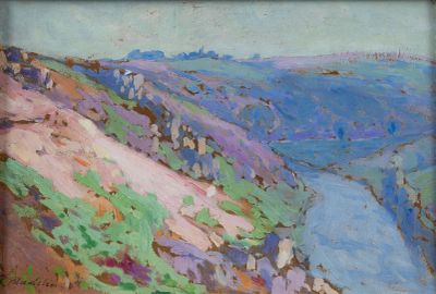 an image of a painting of a landscape with a river in the foreground