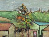 a painting of a painting of a farm with a tree
