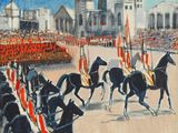 un tableau représentant un défilé militaire avec des chevaux et des personnes