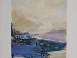 an image of a painting of a beach scene with blue water
