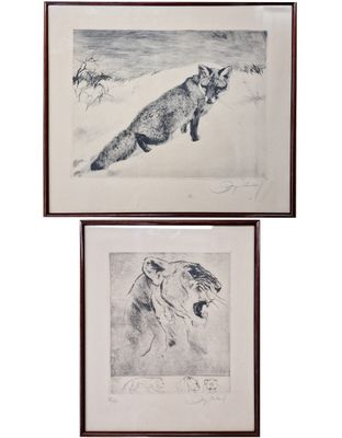 deux dessins encadrés représentant un renard et un chat dans la neige