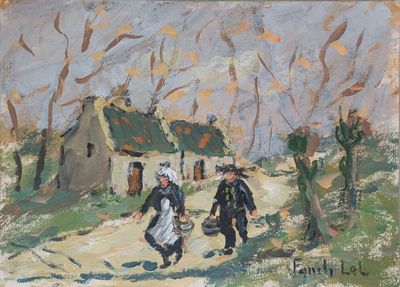 tableau représentant deux femmes marchant sur un chemin de terre, avec une maison en arrière-plan