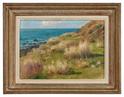 a painting of a landscape with grass and a body of water