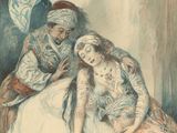 painting of three women sitting on a bed in a room