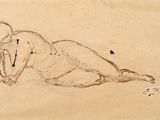 dessin représentant une femme nue allongée sur le sol, un chapeau sur la tête