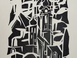 une image représentant un dessin en noir et blanc d'une ville avec une tour horloge
