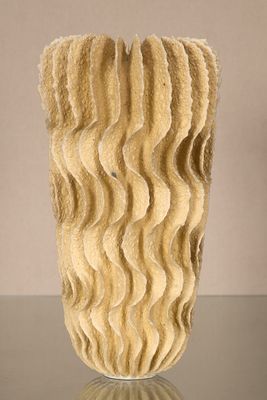un vase posé sur une table devant un mur