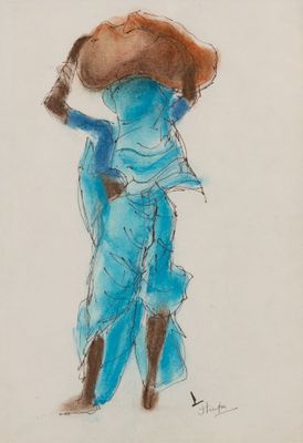 dessin représentant une femme en robe bleue, coiffée d'un chapeau de paille