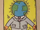 un dessin représentant un homme en costume avec un globe terrestre sur la tête