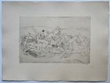 an image of a drawing of a boat in a body of water with mountains in the background