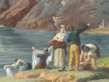 a painting of a group of people fishing on the water