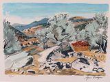 une image représentant une aquarelle représentant un paysage avec des rochers et des arbres