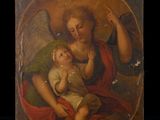 une peinture ancienne représentant une femme tenant un enfant sur ses genoux