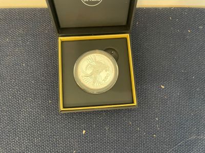 the coin is in a black box on the blue carpet