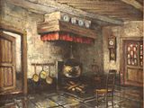 un tableau représentant une cuisine avec une cuisinière et des chaises