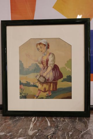 Carton de tapisserie encadré « La petite jardinière ». Gouache su...