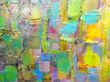 peinture abstraite représentant un paysage urbain aux couleurs variées
