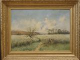 une peinture à l'huile représentant un champ avec un chemin au loin