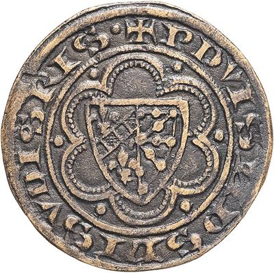 a close up of a coin with a coat of arms on it