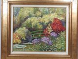 an oil painting of a garden with a bridge and flowers
