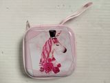 a pink purse with a picture of a woman on it